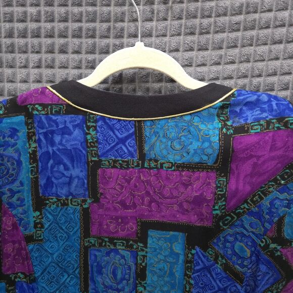 VTG 80s Colorful Blue Blouse Sz22 Glam Gold Buttons Statement Shoulder Pads 90s - Picture 11 of 16